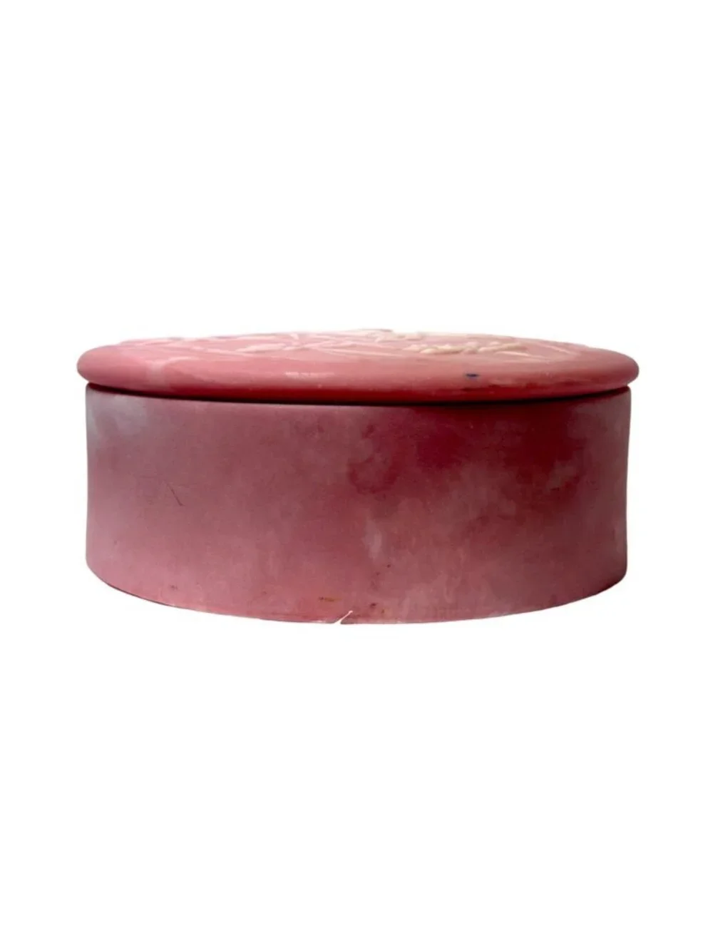 Vintage Pink Embossed Butterfly & Floral Round Incolay Trinket Box With Lid